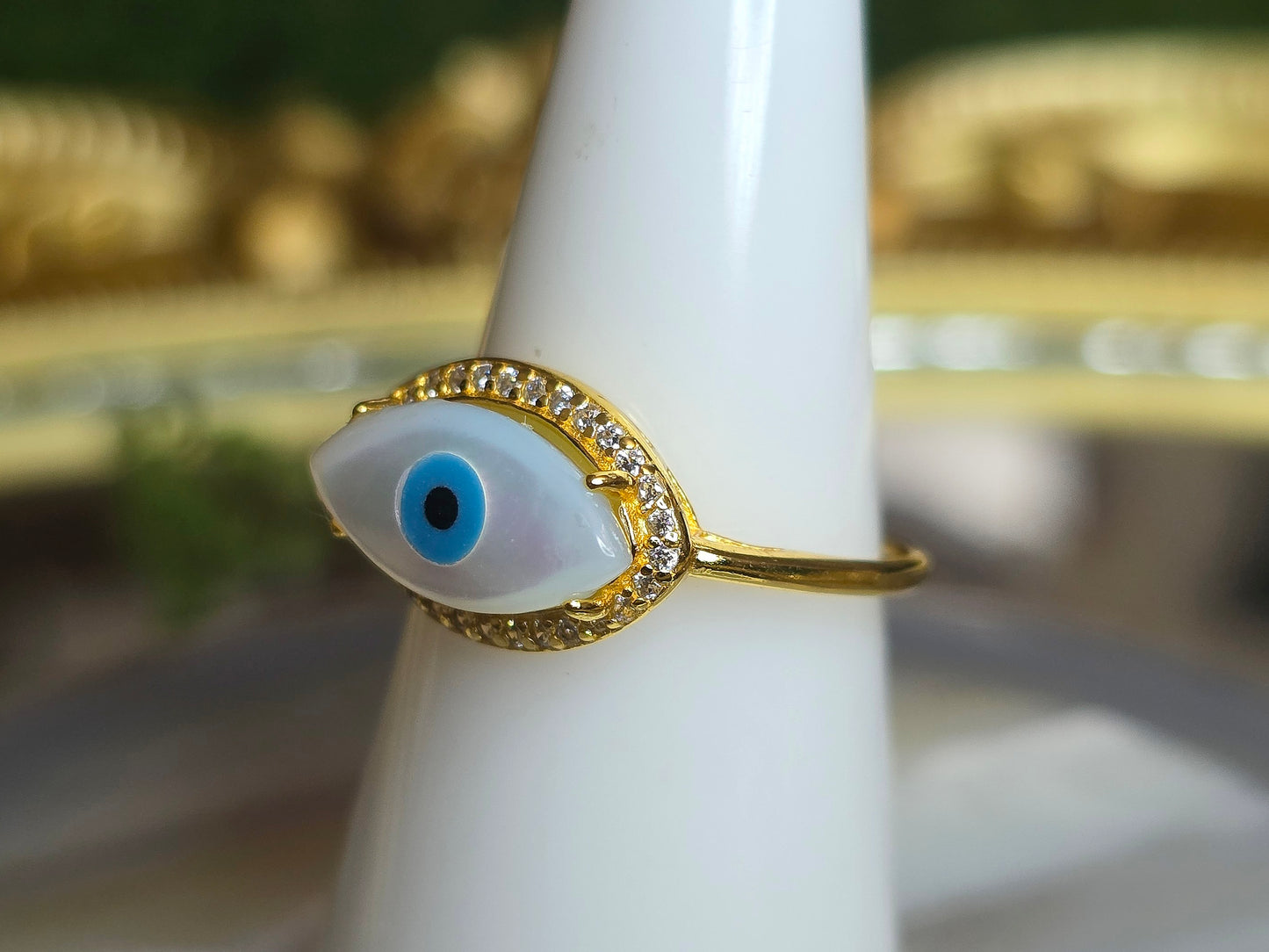 White Shell Evil Eye Ring B