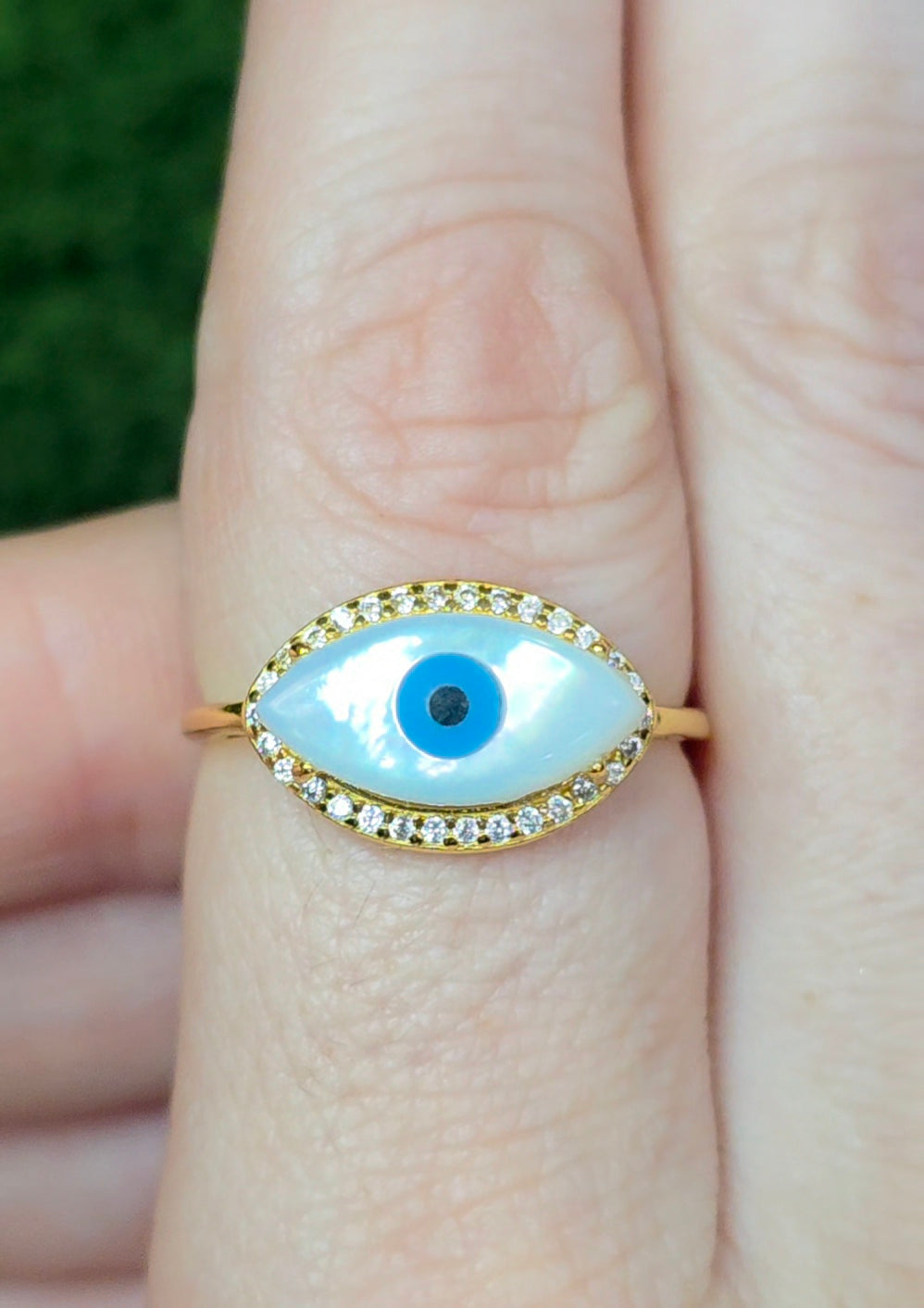 White Shell Evil Eye Ring B