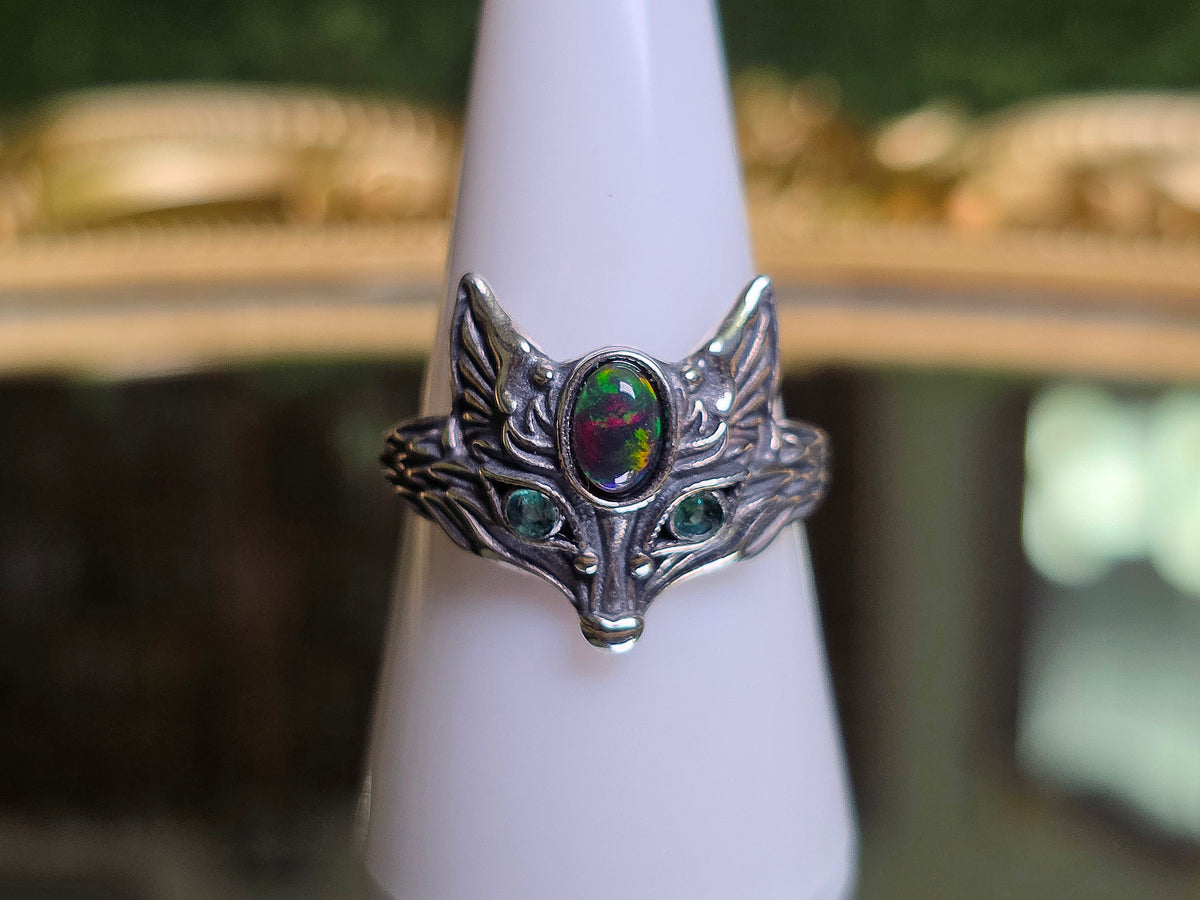 Black Opal and Emerald Fox Ring