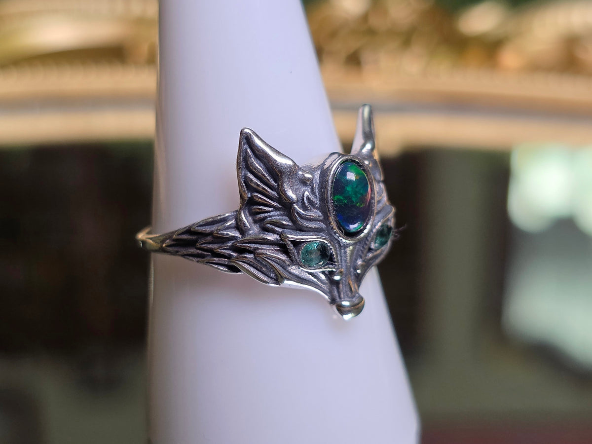 Black Opal and Emerald Fox Ring