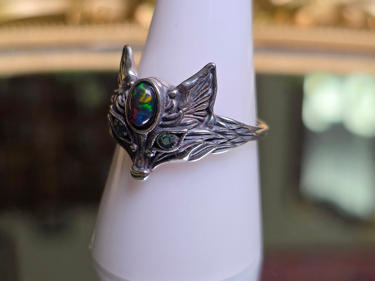Black Opal and Emerald Fox Ring