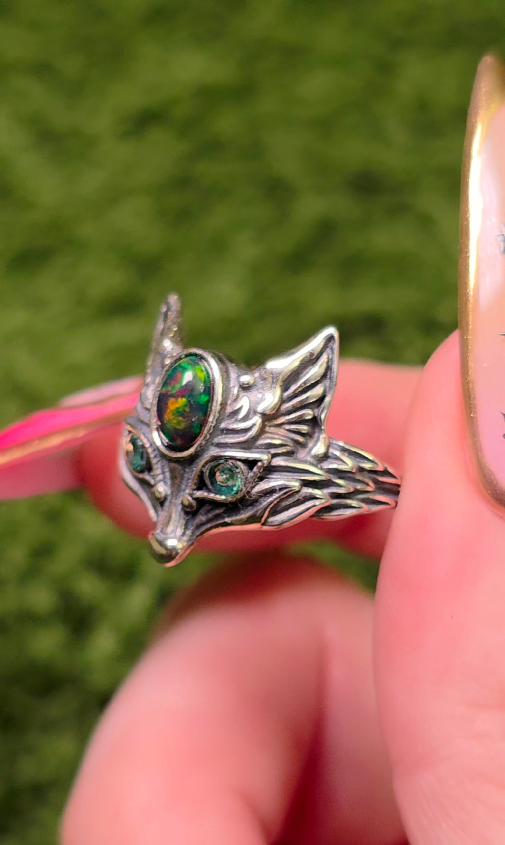 Black Opal and Emerald Fox Ring