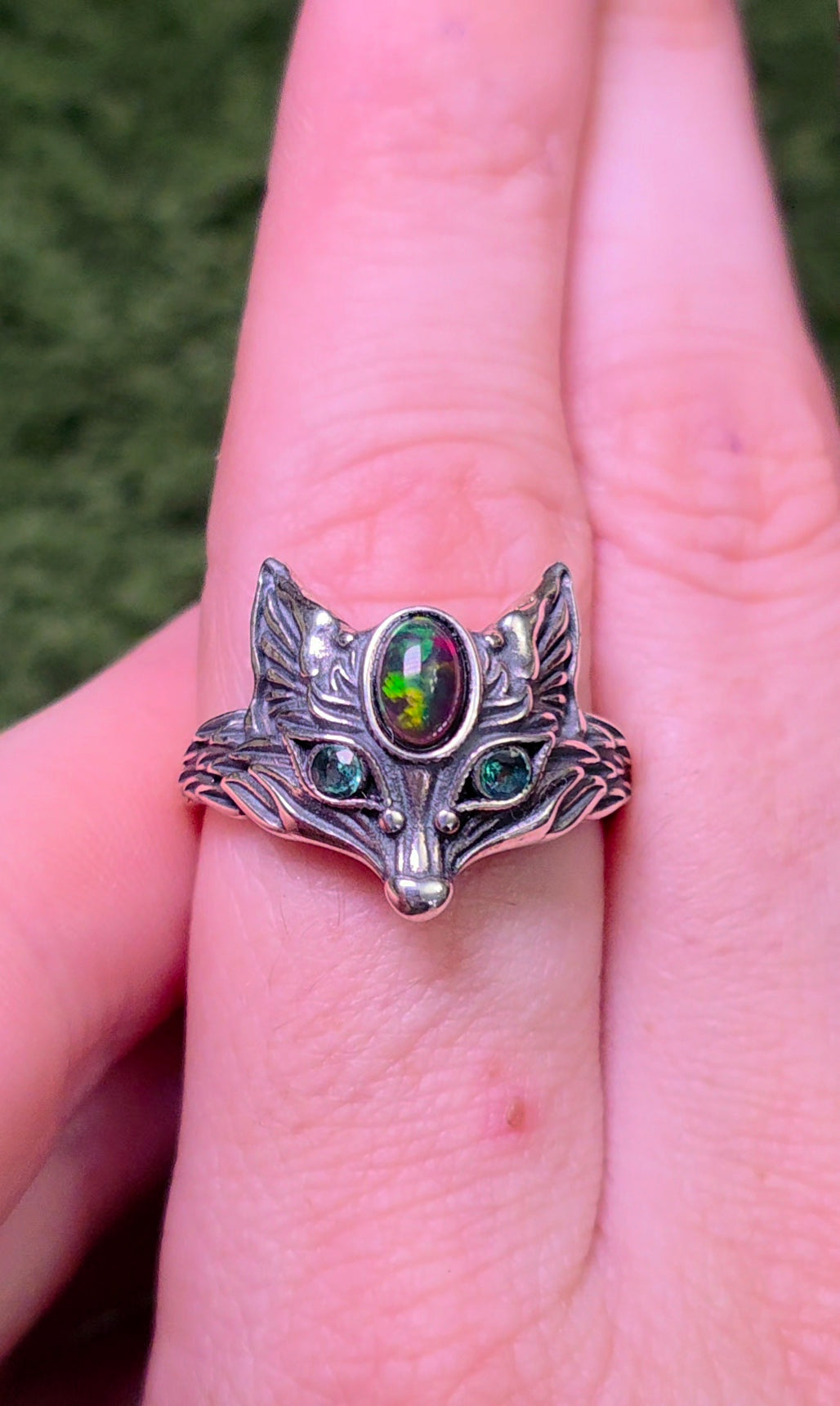 Black Opal and Emerald Fox Ring