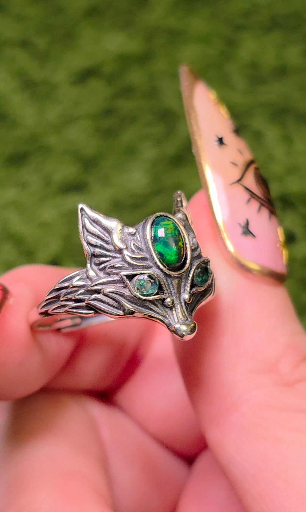 Black Opal and Emerald Fox Ring