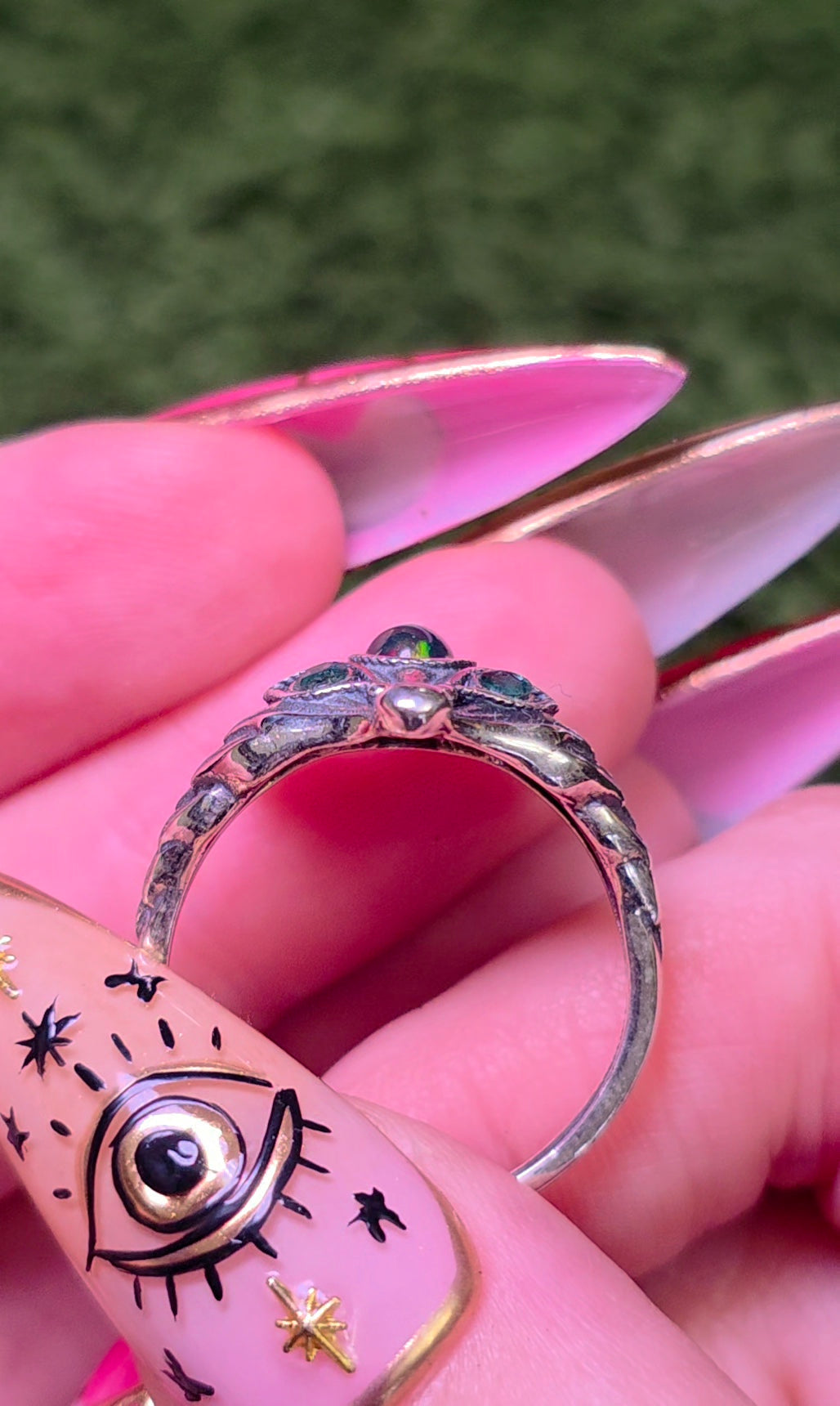 Black Opal and Emerald Fox Ring