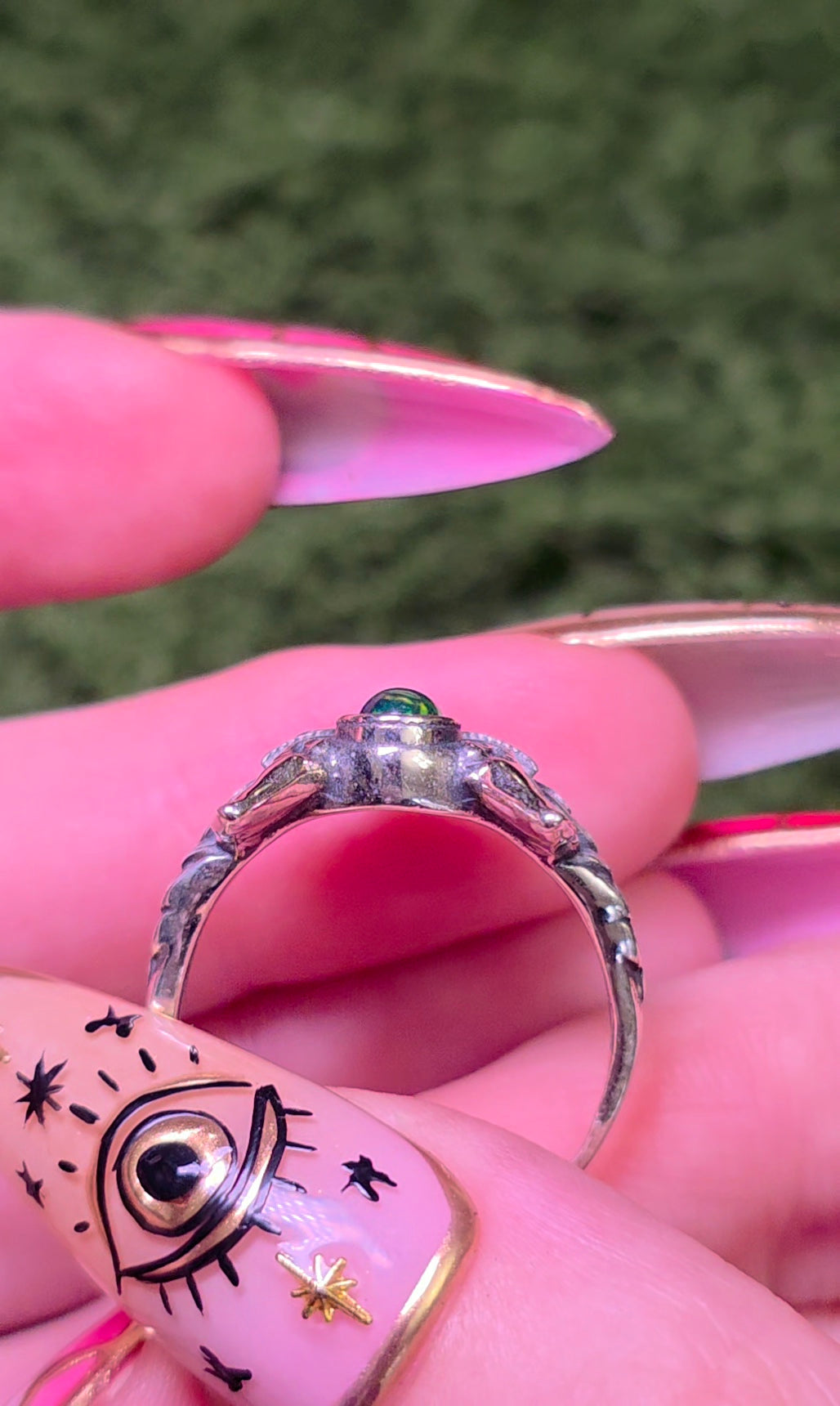 Black Opal and Emerald Fox Ring