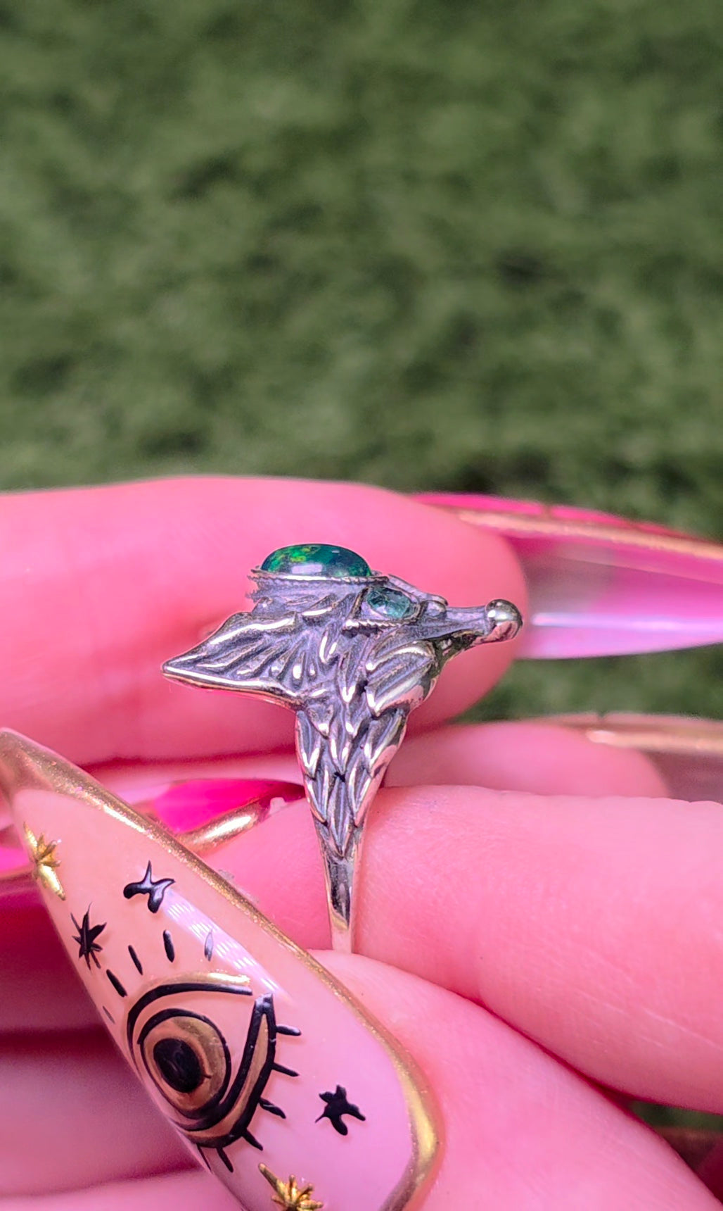 Black Opal and Emerald Fox Ring