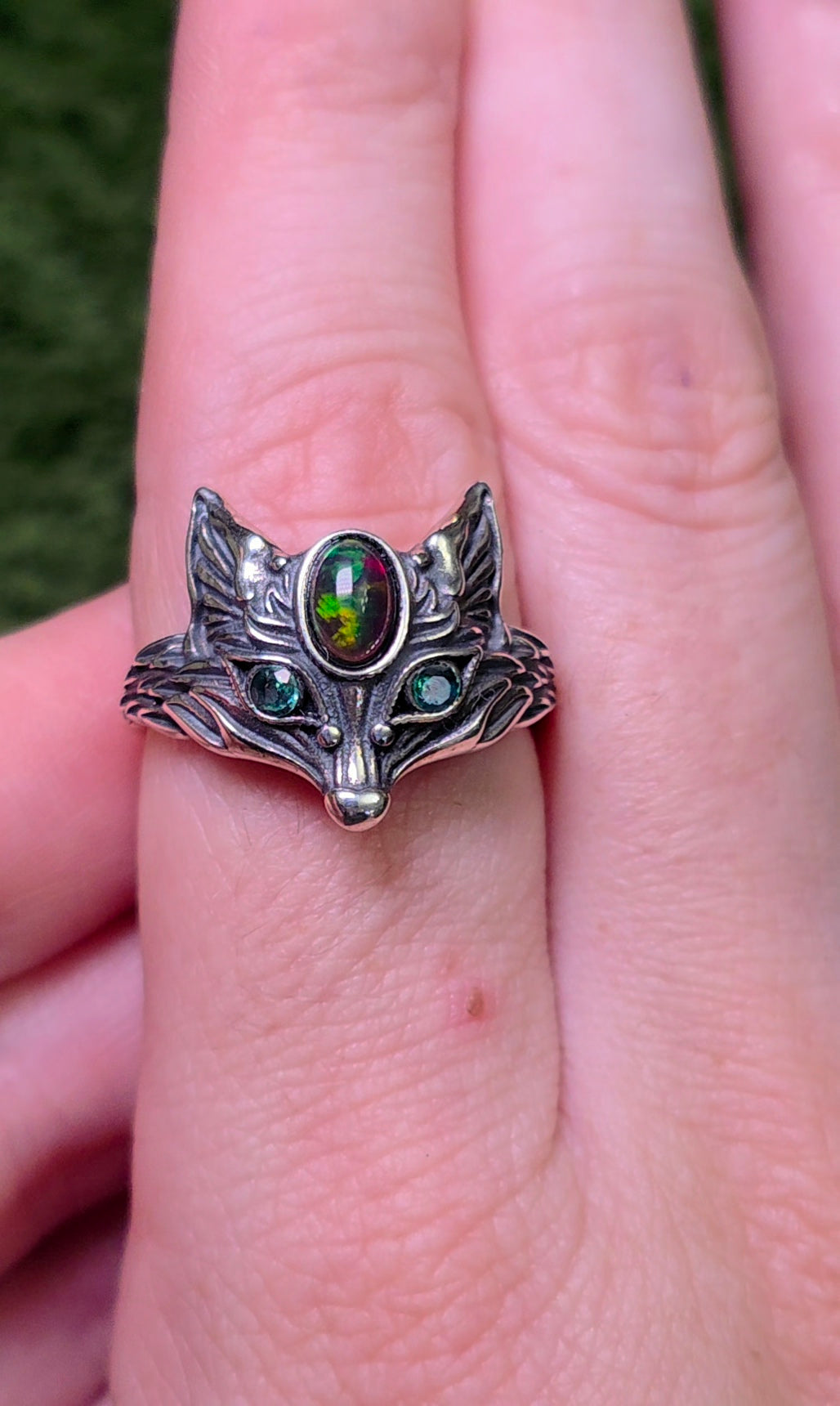 Black Opal and Emerald Fox Ring