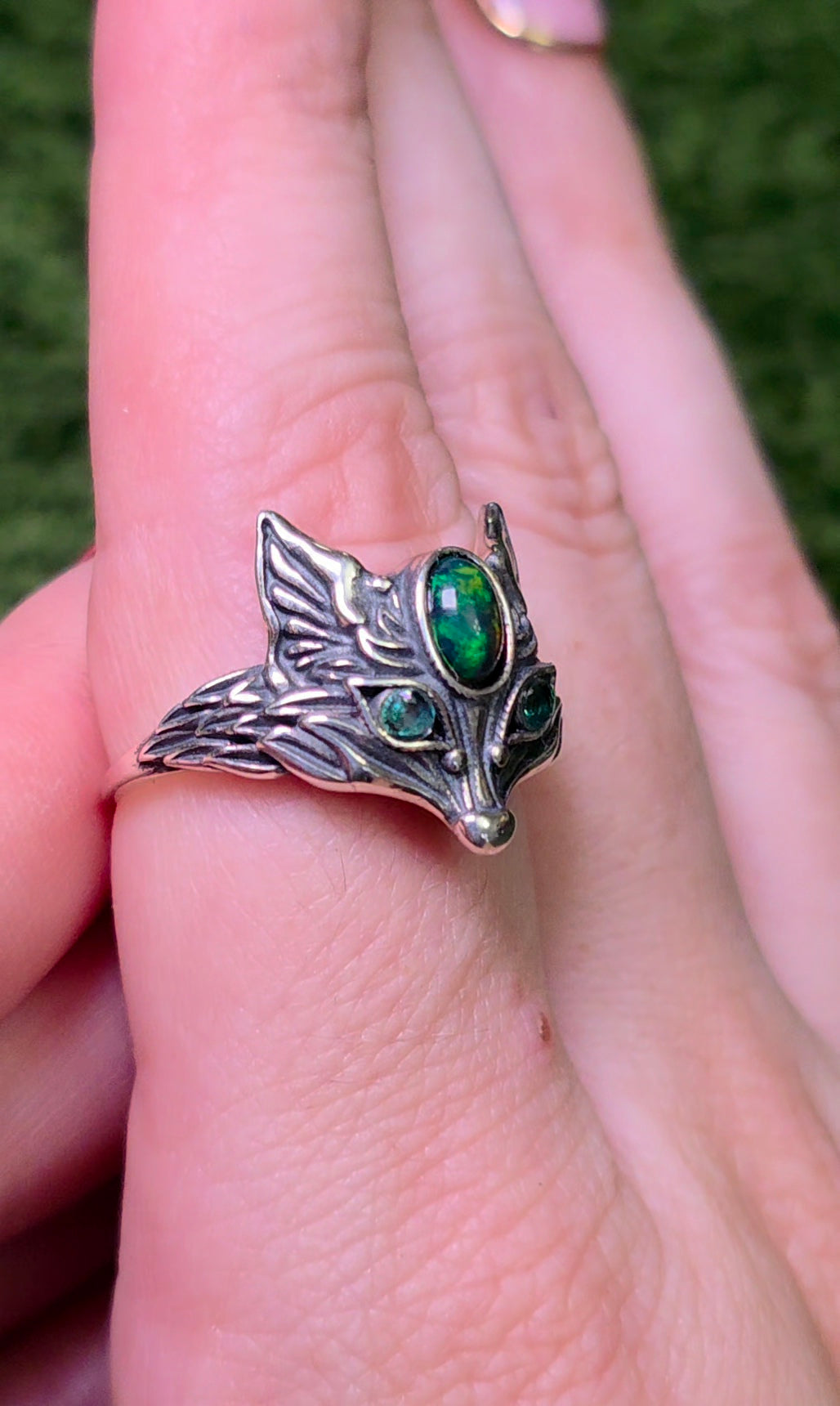 Black Opal and Emerald Fox Ring