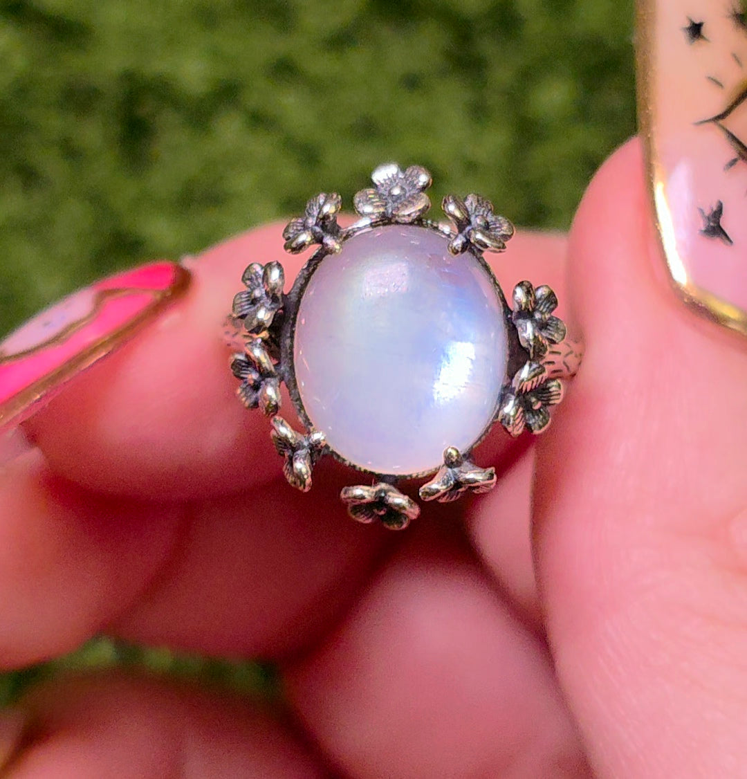 Rainbow Moonstone Floral Ring