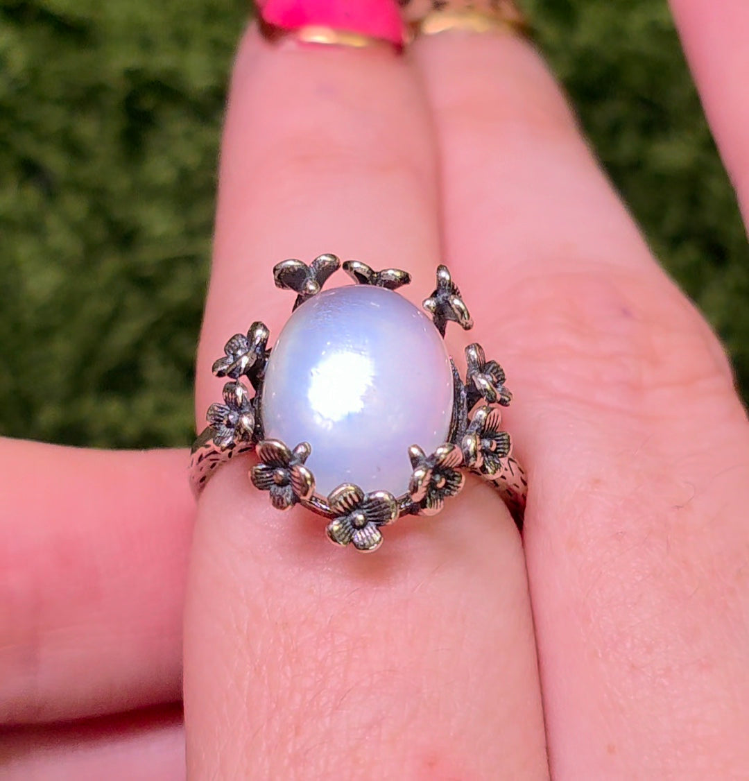 Rainbow Moonstone Floral Ring