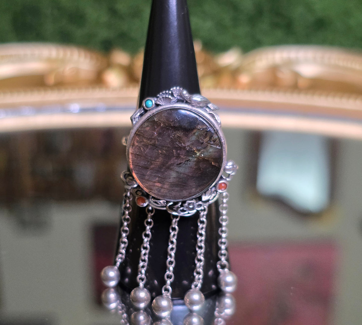 Labradorite Statement Ring with Chain Fringe