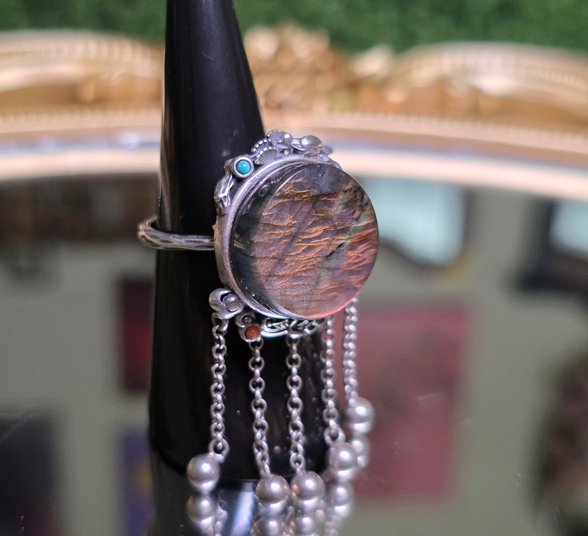 Labradorite Statement Ring with Chain Fringe