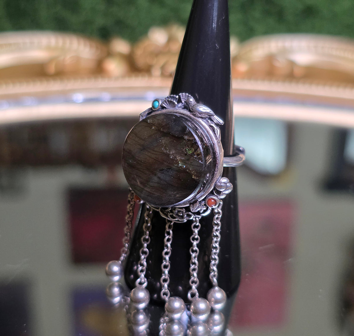 Labradorite Statement Ring with Chain Fringe