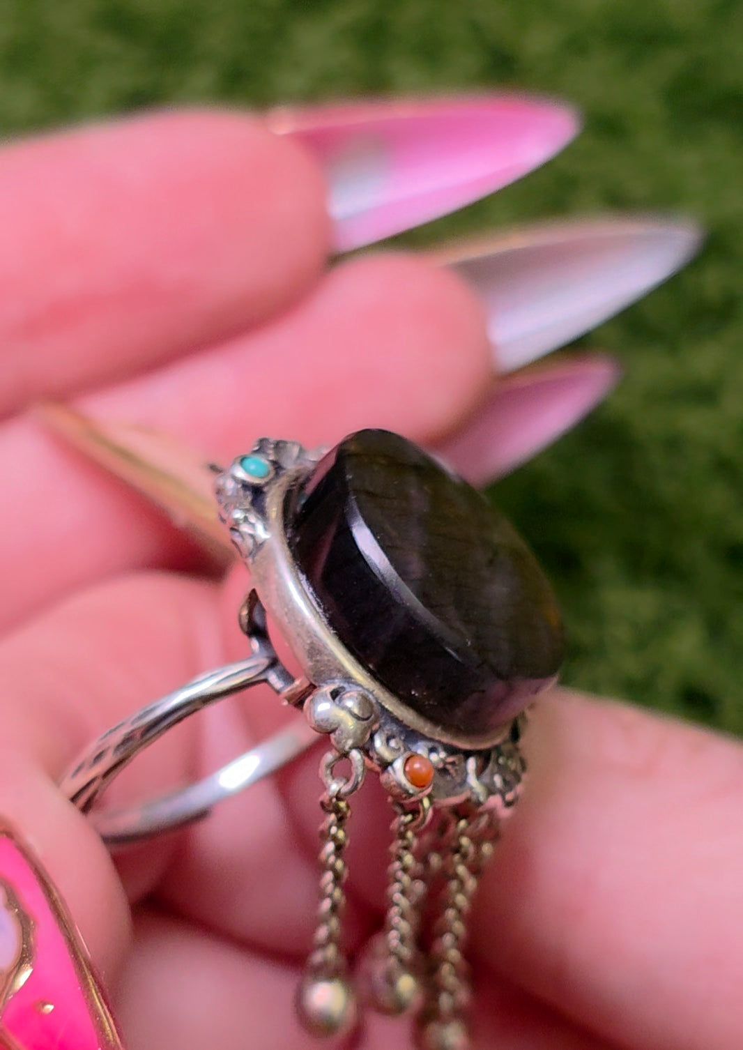 Labradorite Statement Ring with Chain Fringe