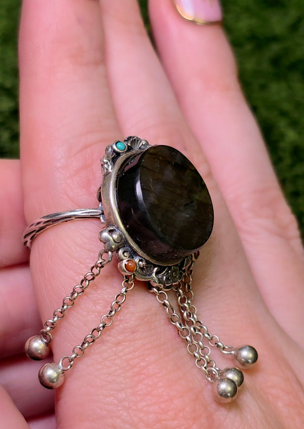 Labradorite Statement Ring with Chain Fringe