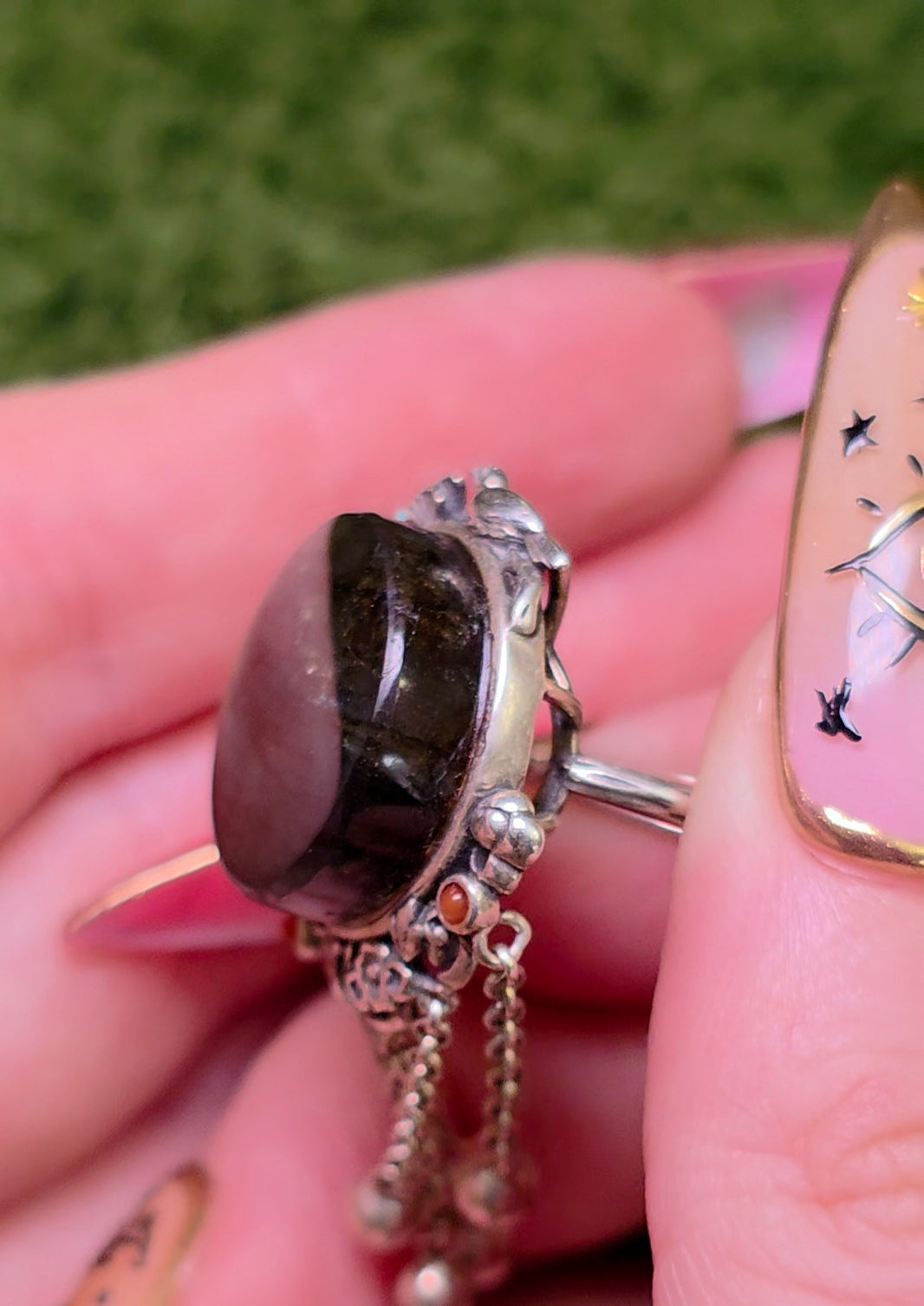 Labradorite Statement Ring with Chain Fringe