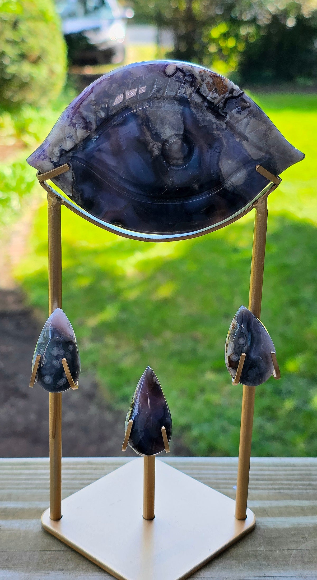 Flower Agate Weeping Eye on Custom Stand