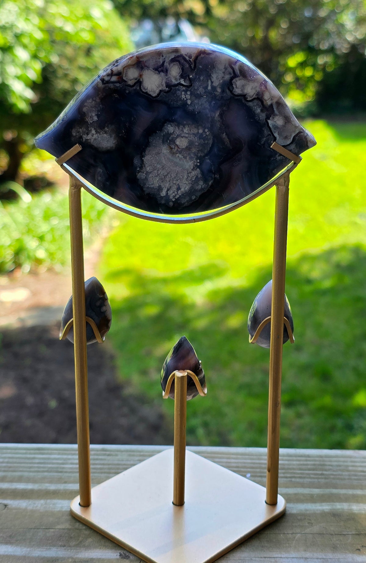 Flower Agate Weeping Eye on Custom Stand