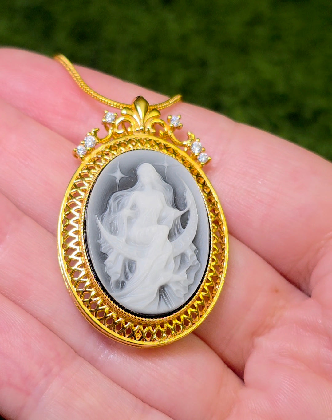 Black and White Agate Moon Goddess Pendant