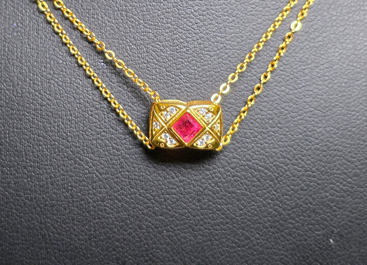 Golden Ruby and Zircon Pillow Necklace