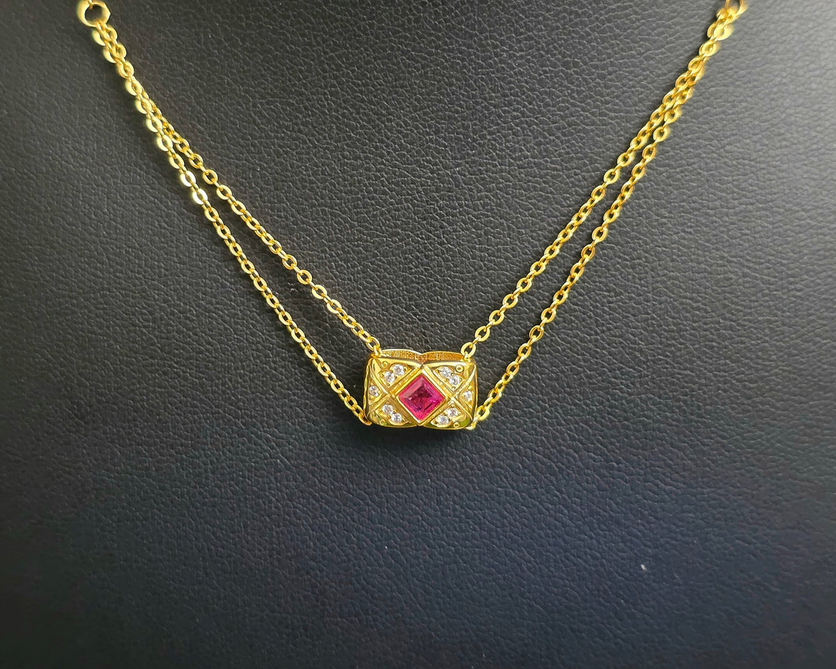 Golden Ruby and Zircon Pillow Necklace