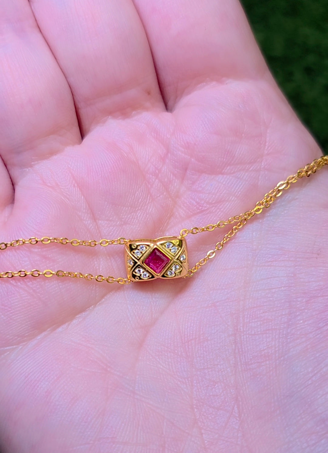 Golden Ruby and Zircon Pillow Necklace