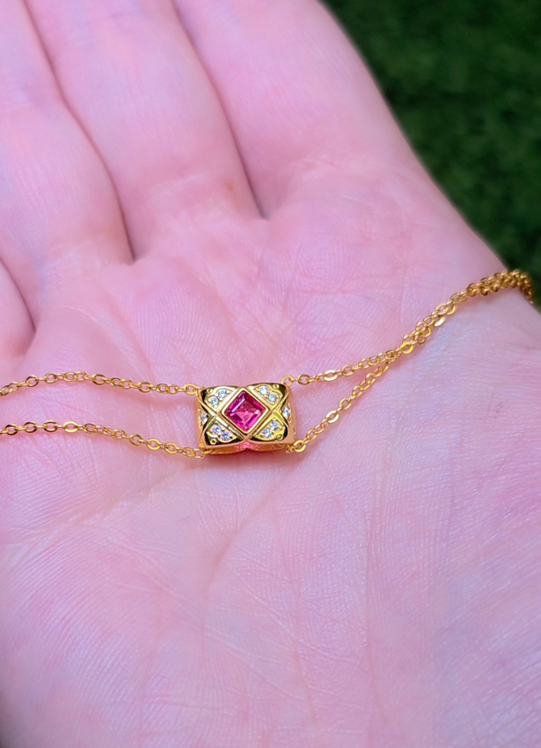 Golden Ruby and Zircon Pillow Necklace