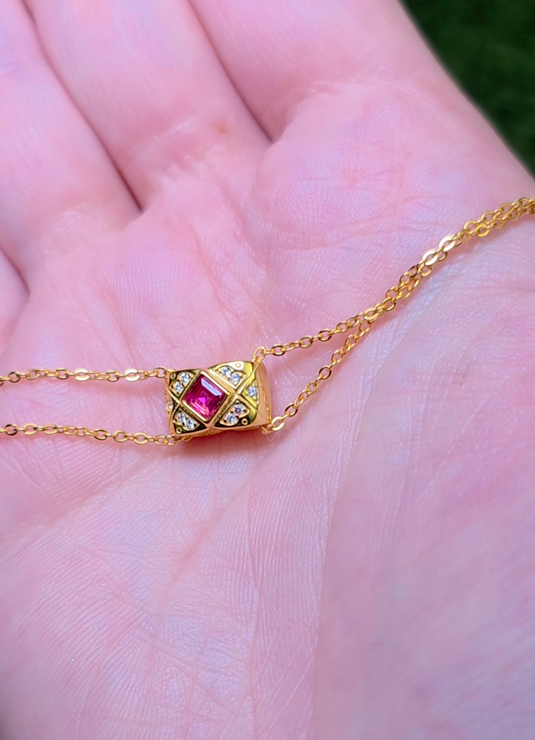 Golden Ruby and Zircon Pillow Necklace