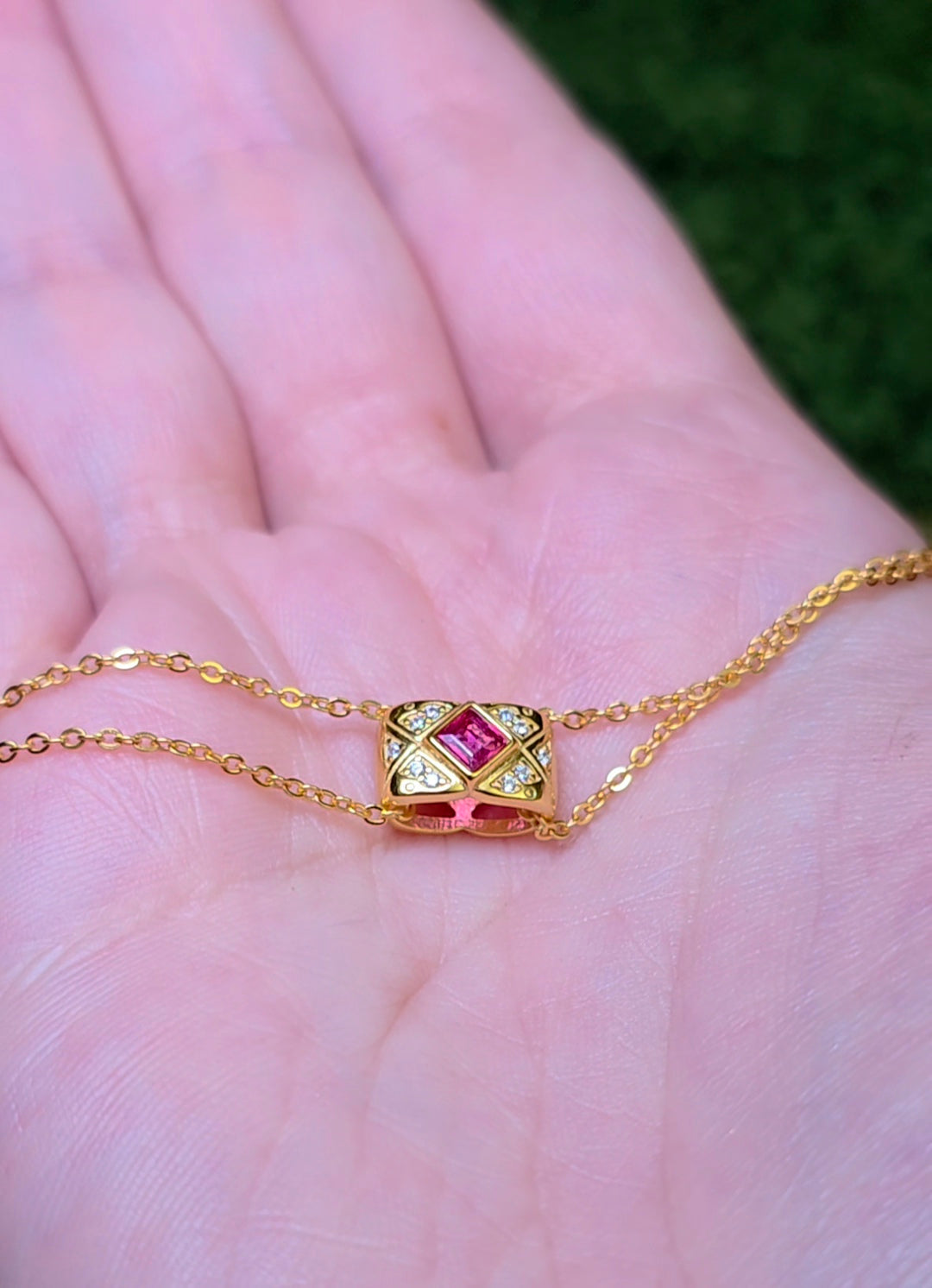 Golden Ruby and Zircon Pillow Necklace
