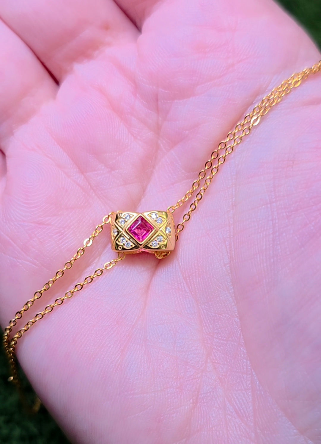 Golden Ruby and Zircon Pillow Necklace