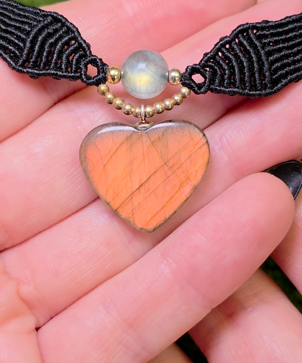 Blue and Orange Flash Labradorite Heart Macrame Necklace