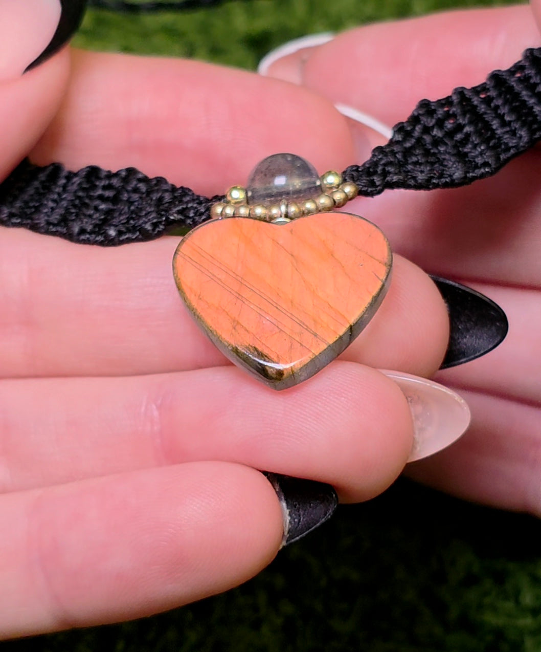 Blue and Orange Flash Labradorite Heart Macrame Necklace
