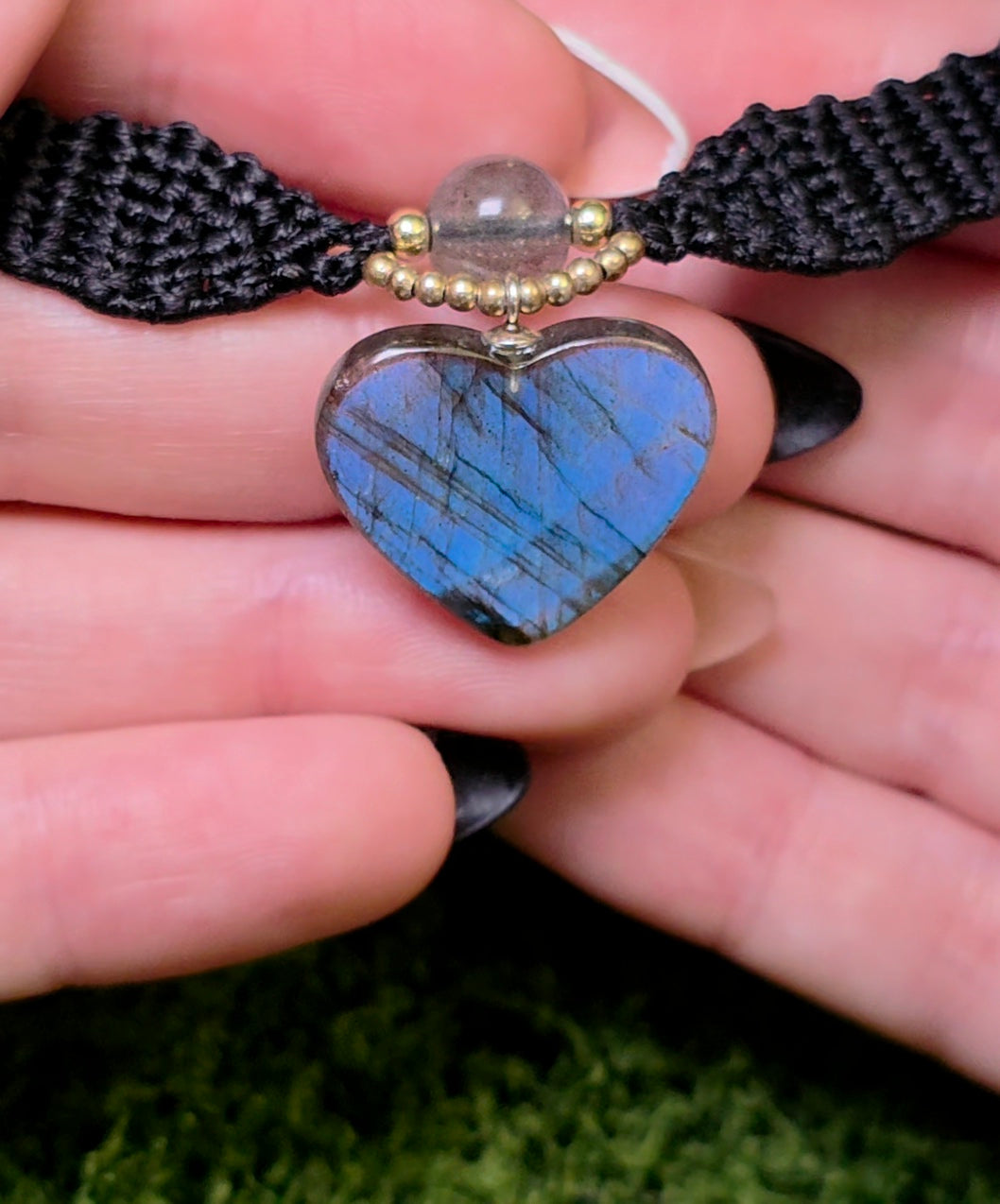Blue and Orange Flash Labradorite Heart Macrame Necklace