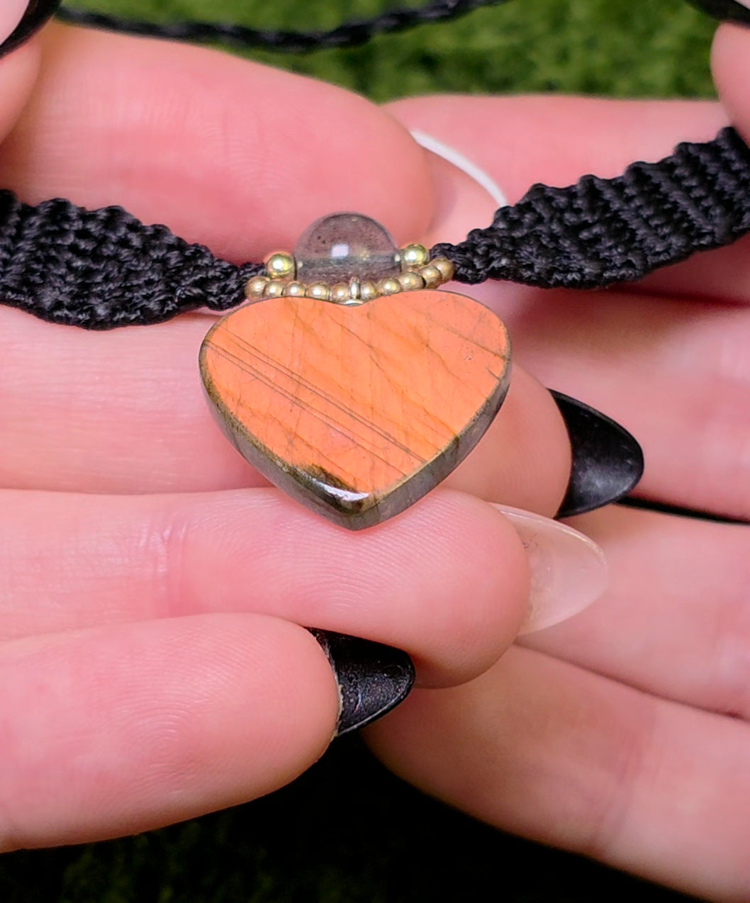 Blue and Orange Flash Labradorite Heart Macrame Necklace