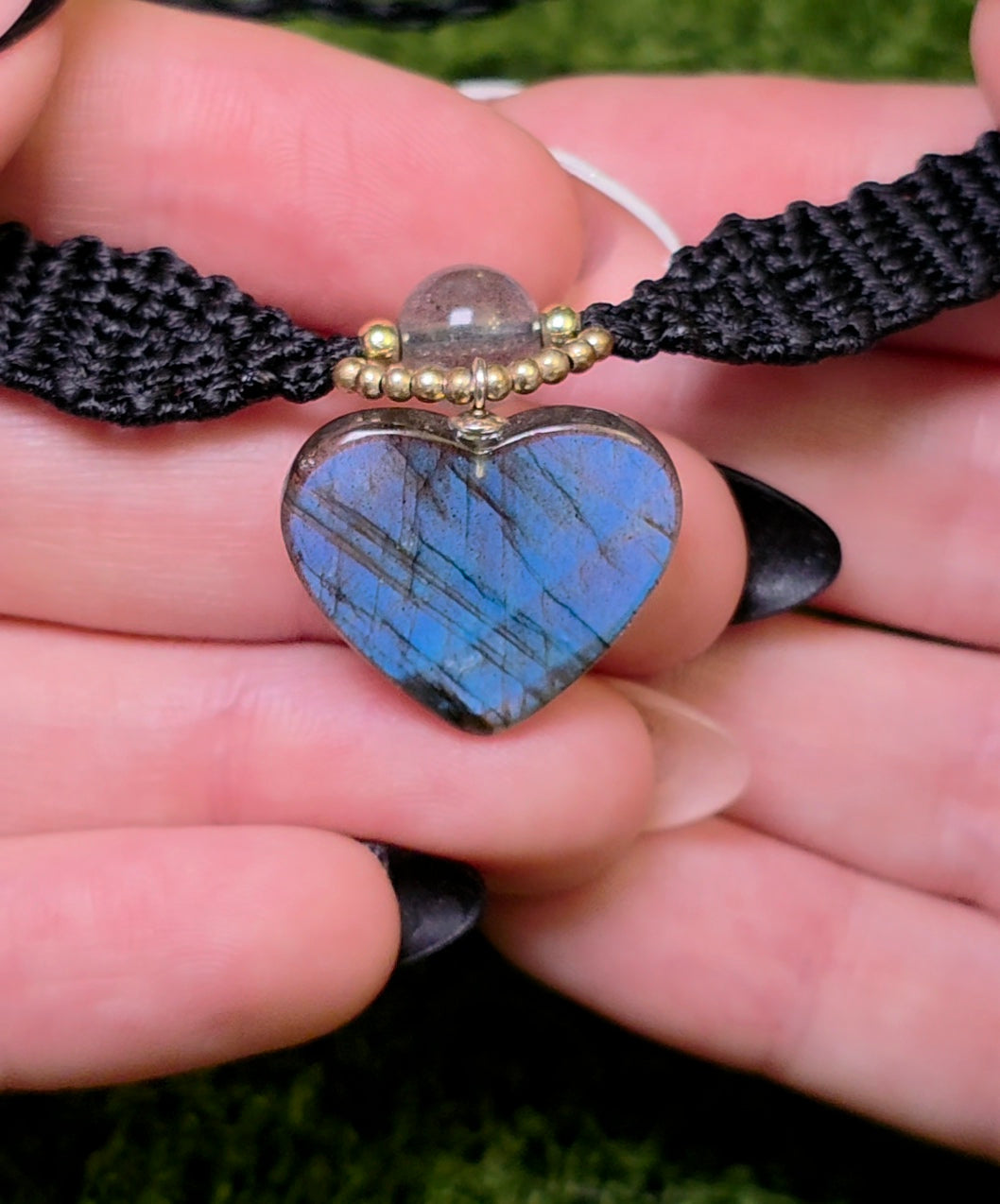 Blue and Orange Flash Labradorite Heart Macrame Necklace