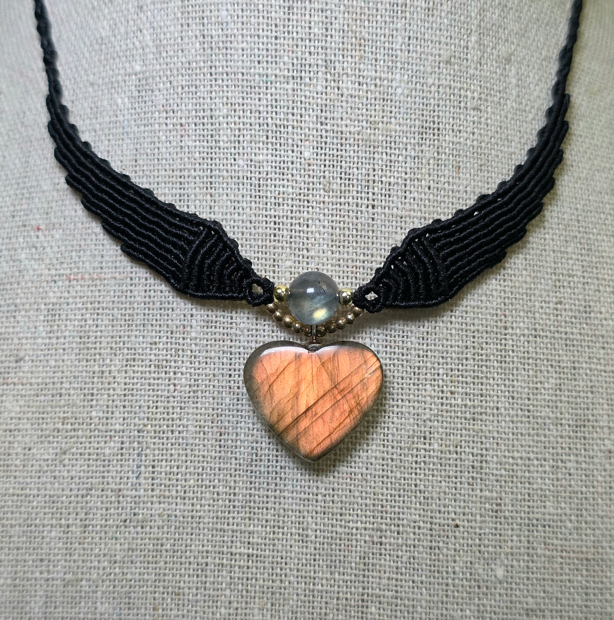 Blue and Orange Flash Labradorite Heart Macrame Necklace