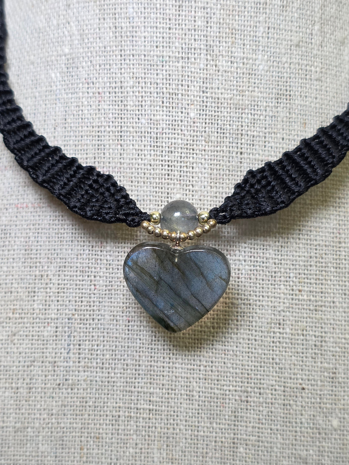 Blue and Orange Flash Labradorite Heart Macrame Necklace
