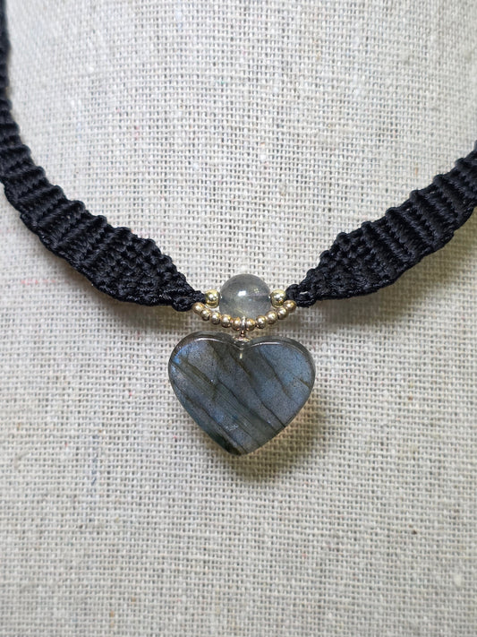Blue and Orange Flash Labradorite Heart Macrame Necklace