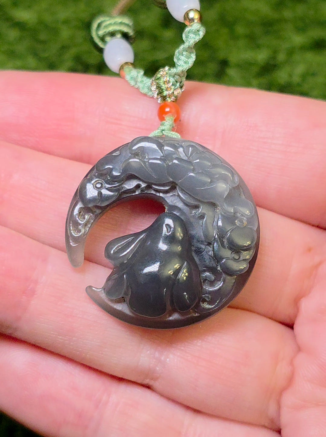 Gray Jadeite Bunny and Moon Necklace