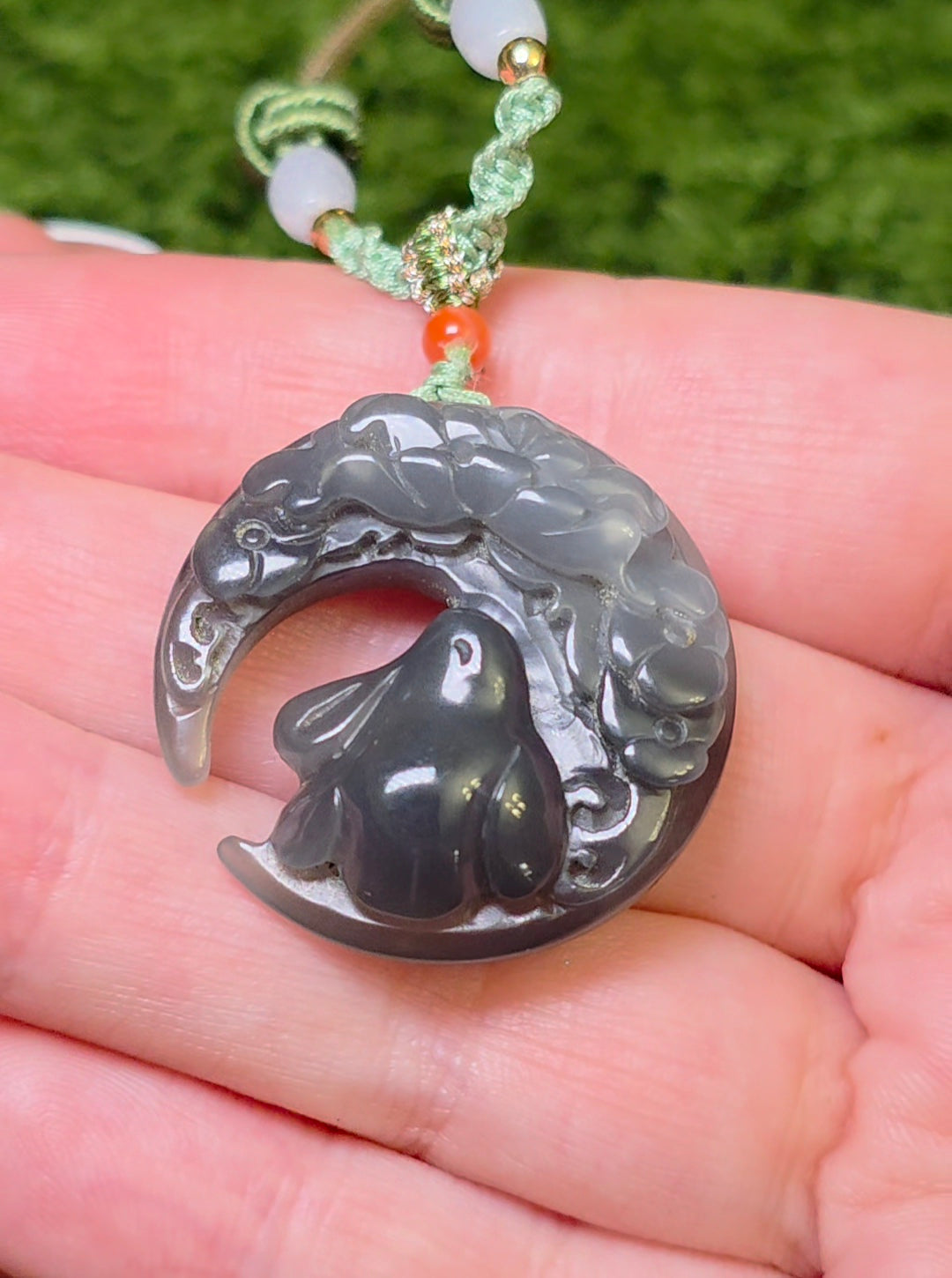 Gray Jadeite Bunny and Moon Necklace