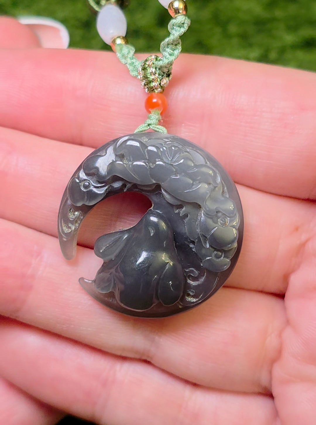 Gray Jadeite Bunny and Moon Necklace