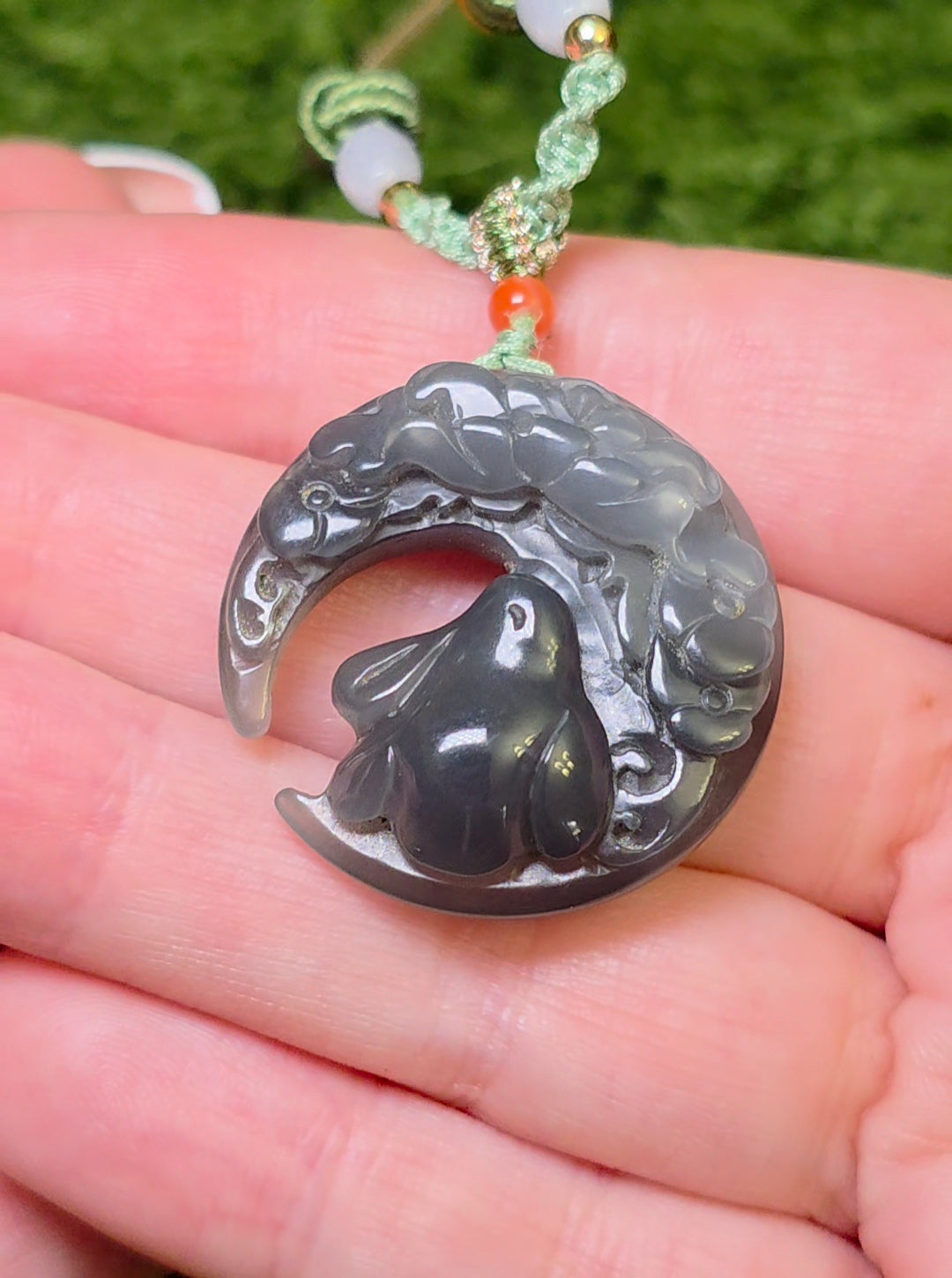 Gray Jadeite Bunny and Moon Necklace