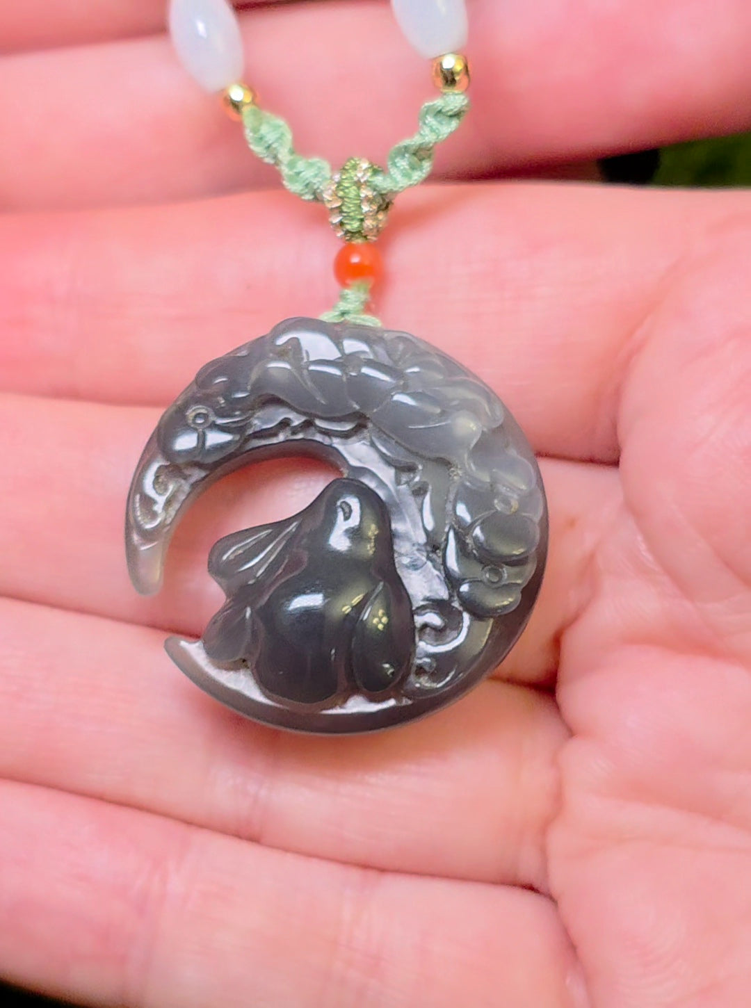 Gray Jadeite Bunny and Moon Necklace