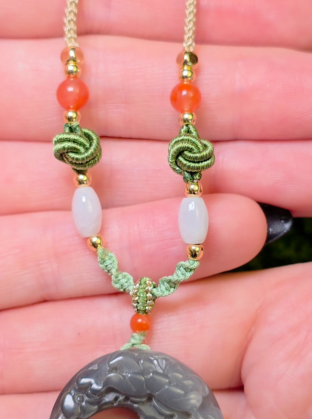 Gray Jadeite Bunny and Moon Necklace