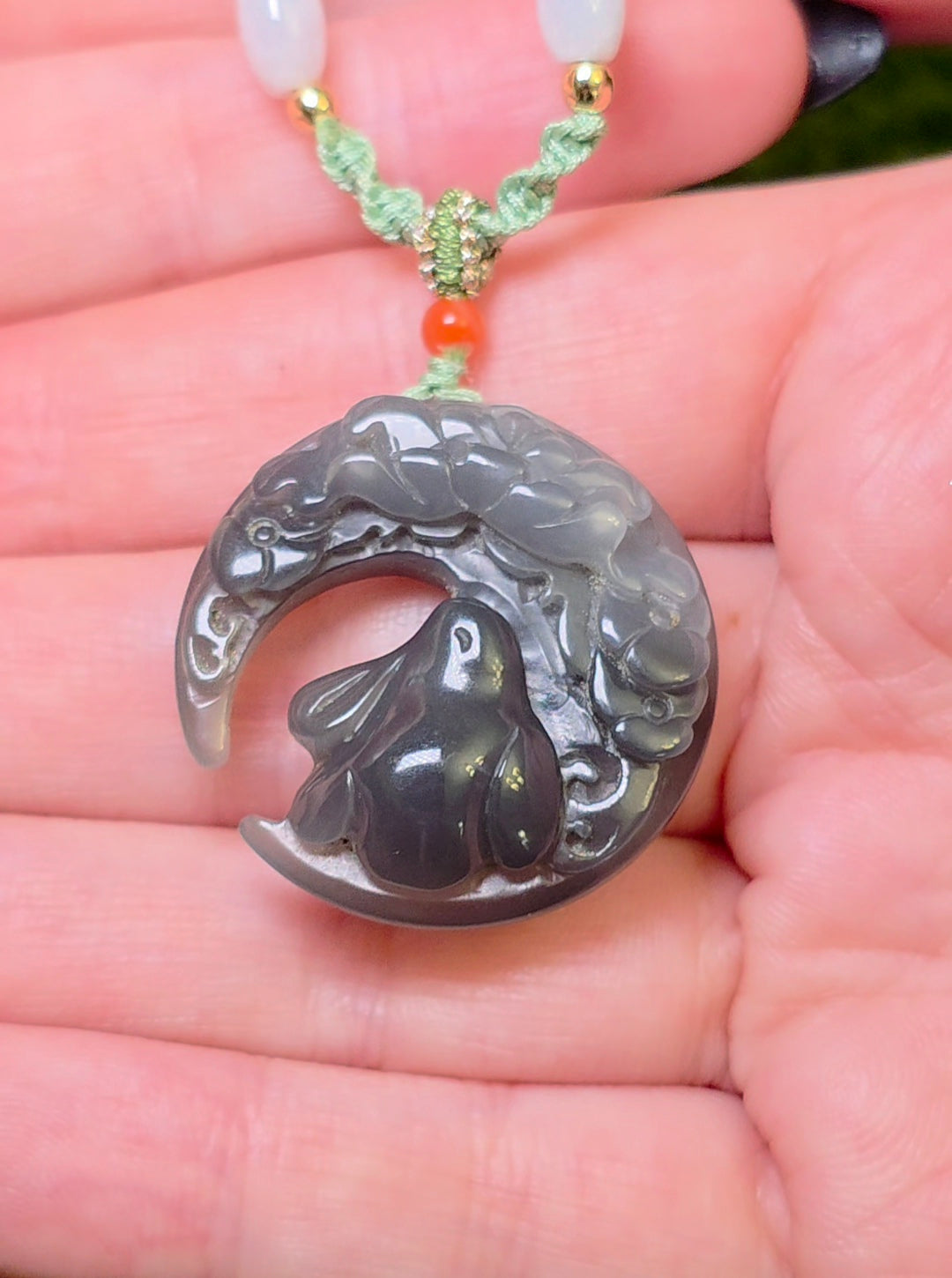 Gray Jadeite Bunny and Moon Necklace