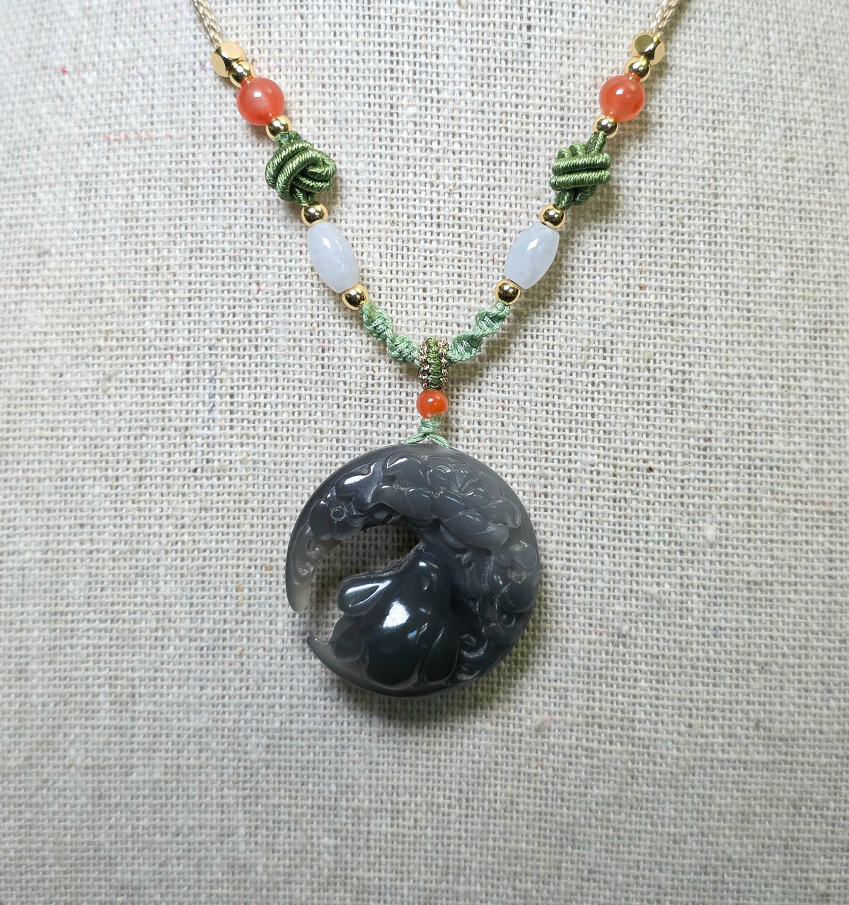 Gray Jadeite Bunny and Moon Necklace