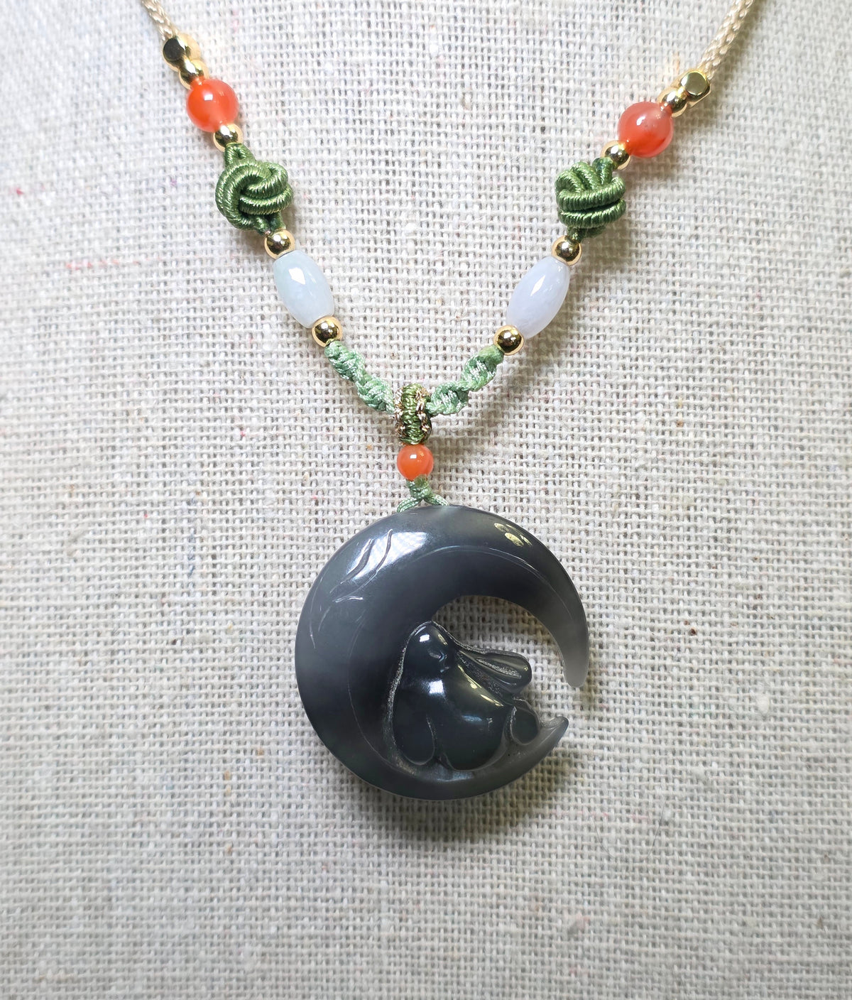 Gray Jadeite Bunny and Moon Necklace