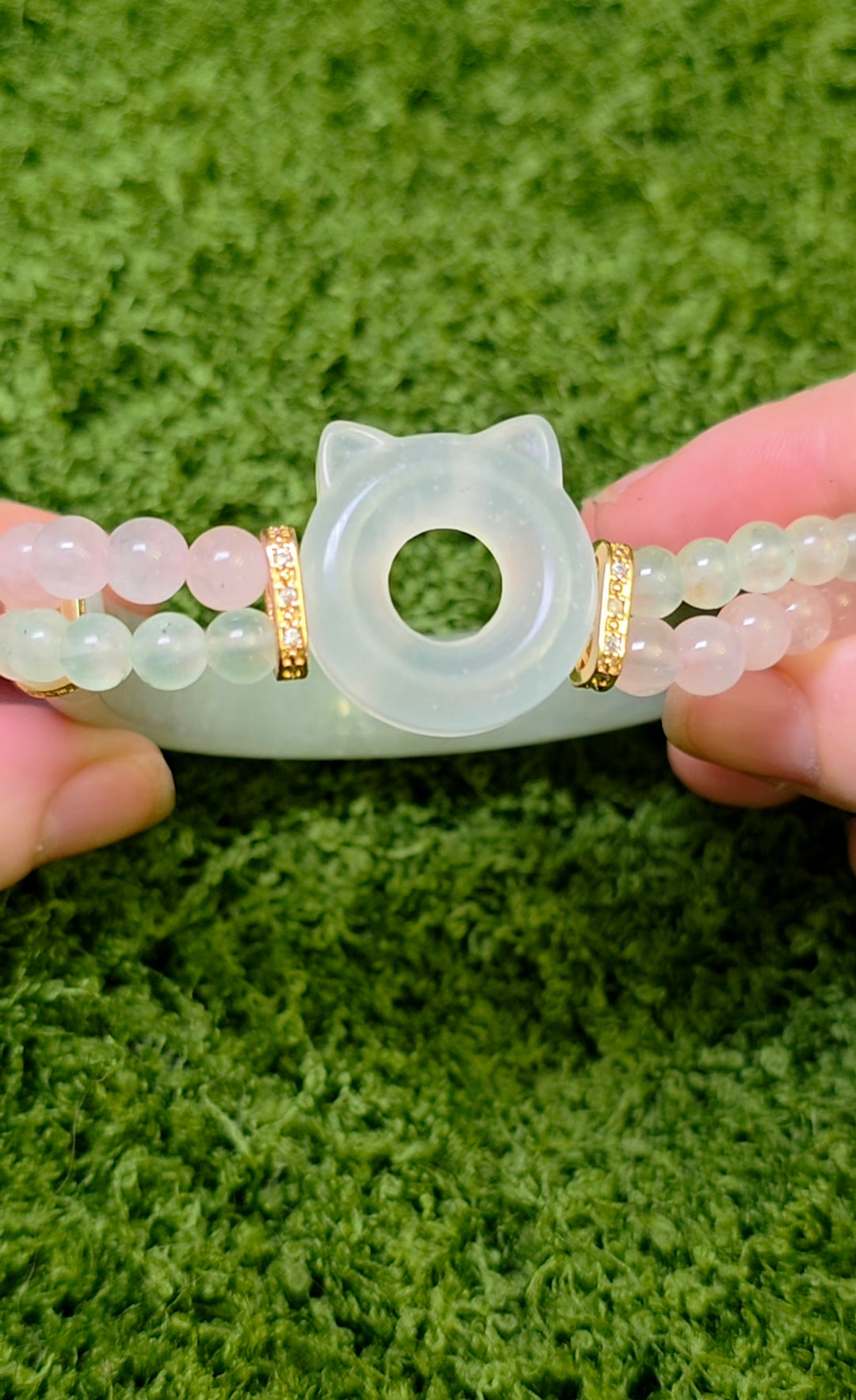 Jade, Prehnite, and Rose Quartz Cat Bangle Stretch Bracelet