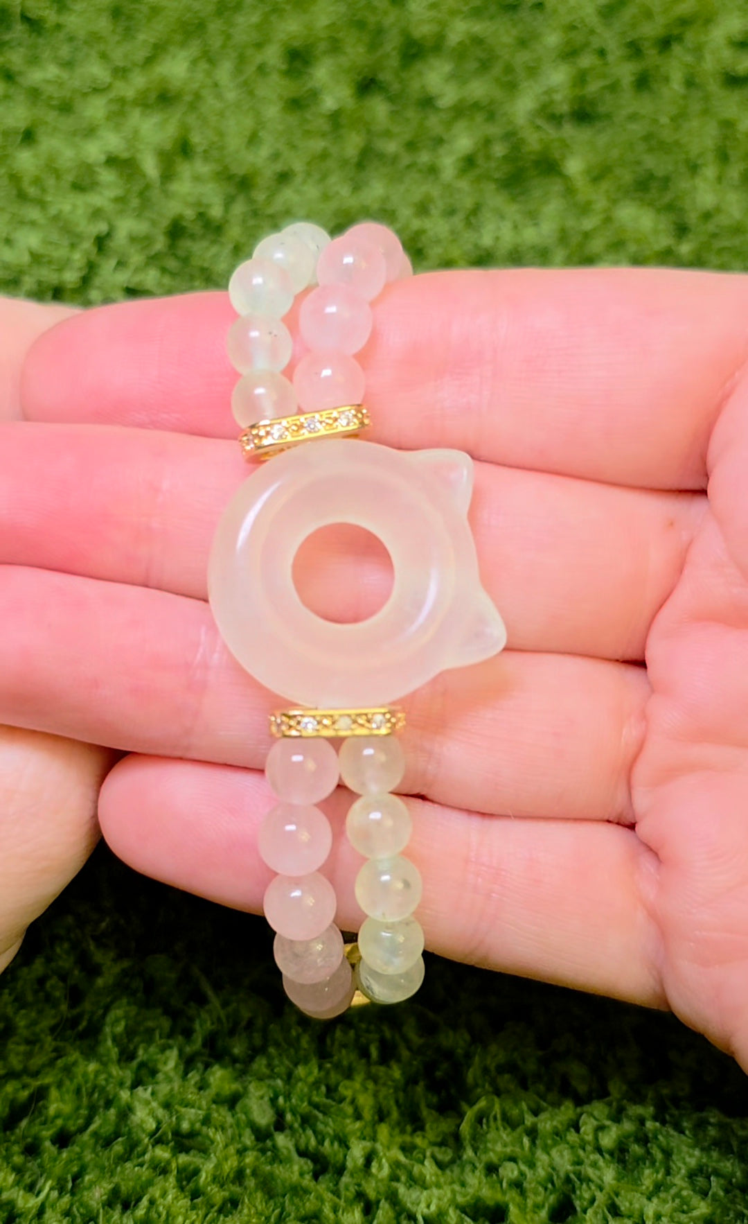 Jade, Prehnite, and Rose Quartz Cat Bangle Stretch Bracelet